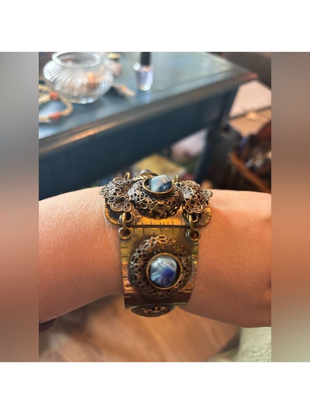 c.1930’s Art Deco Brass Filigree + Hand-Marbled Czech Glass Bracelet • Rare - Picture 3 of 16